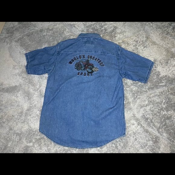 🏍🏍🏍Mens Medium Harley Davidson Denim Short Sleeve Button Up Shirt - Picture 11 of 12
